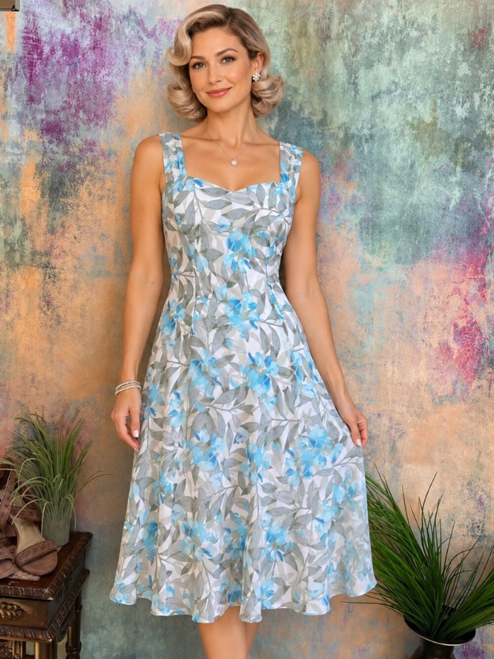 📌connected apparel Elegant Soft Watercolor-Style Botanical Print Dress